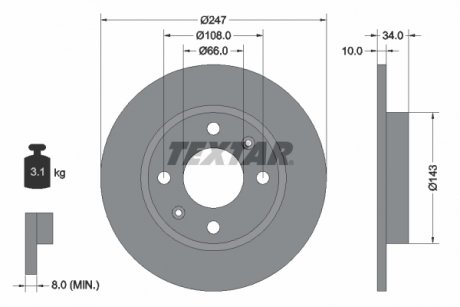 Гальмівний диск передній лівий/правий (без штифта кріплення колеса) CITROEN C15, C15/MINIVAN, SAXO, VISA, ZX; PEUGEOT 106 I, 106 II, 205, 205 I, 205 II, 206, 306, 309 1.0-Electric 02.83-02.07 TEXTAR 92029803 (фото 1)