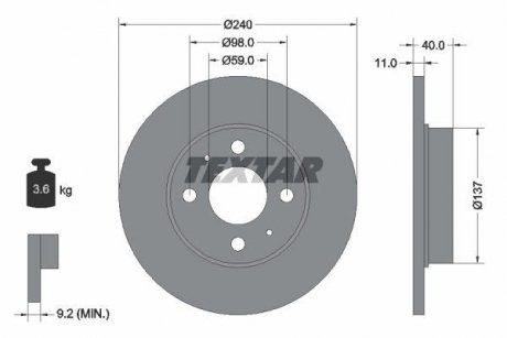 Тормозной диск передний/задний левый/правый (без штифта крепления колеса) ABARTH 500 / 595 / 695, 500C / 595C / 695C; ALFA ROMEO 145, 146, 155, 33; BUICK CENTURY; FIAT 500, 500 C 0.7-Electric 09.74- TEXTAR 92061103 (фото 1)