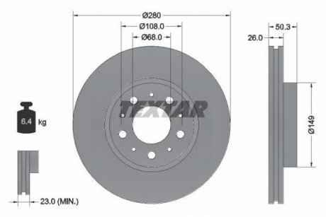 Тормозной диск передний левый/правый (без штифта крепления колеса) VOLVO 850, 960 II, C70 I, S70, S90 I, V70 I, V90 I, XC70 I 2.0-2.9 06.91-10.05 TEXTAR 92066703 (фото 1)