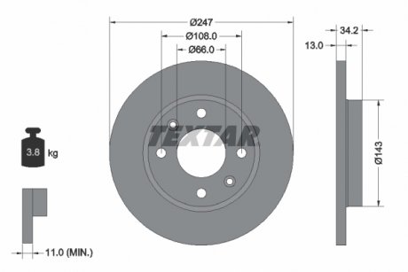 Тормозной диск передний левый/правый (без штифта крепления колеса) CITROEN XSARA; PEUGEOT 206, 206+ 1.1-1.5D 04.97- TEXTAR 92092803 (фото 1)
