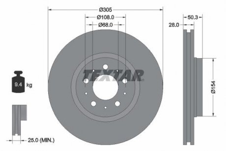 Тормозной диск передний левый/правый (без штифта крепления колеса) VOLVO S60 I, S80 I, V70 I, V70 II, XC70 I 2.0-3.0 12.95-04.10 TEXTAR 92100603 (фото 1)