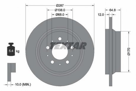 Гальмівний диск задній лівий/правий (без штифта кріплення колеса) VOLVO S60 I, S80 I, S80 II, V70 II, XC70 I 2.0-3.0 05.98-04.10 TEXTAR 92100703