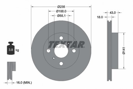 Тормозной диск передний левый/правый (без штифта крепления колеса) TOYOTA ECHO, PLATZ, YARIS 1.0/1.3/1.4D 04.99-11.05 TEXTAR 92103603 (фото 1)