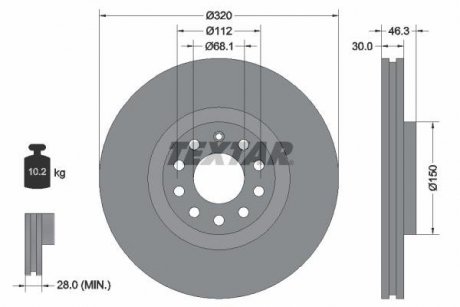 Тормозной диск передний левый/правый (без штифта крепления колеса) AUDI A4 B5, A4 B6, A4 B7, A4 B8, A6 C5, A6 C6, ALLROAD C5; SEAT EXEO, EXEO ST 1.6-4.2 11.94-12.15 TEXTAR 92106705
