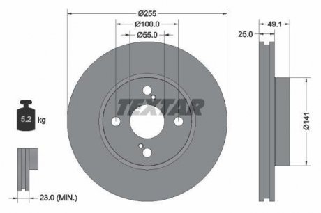 Гальмівний диск передній лівий/правий (без штифта кріплення колеса) TOYOTA COROLLA, COROLLA VERSO, PRIUS 1.5H/1.6 05.00-03.09 TEXTAR 92125903 (фото 1)