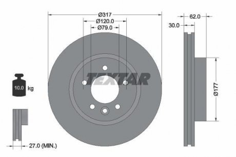 Гальмівний диск передній лівий/правий (без штифта кріплення колеса) LAND ROVER DISCOVERY III, DISCOVERY IV, RANGE ROVER SPORT I 2.7D/3.0D/4.0 07.04-12.18 TEXTAR 92134505 (фото 1)