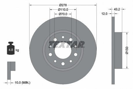 Тормозной диск задний левая/правая (без штифта крепления колеса) ALFA ROMEO 159, BRERA, GIULIETTA, SPIDER 1.4-2.2 06.05-10.18 TEXTAR 92145203