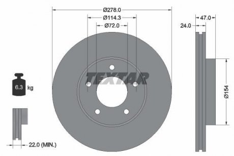 Тормозной диск передний левый/правый (278 мм x 24 мм, без штифта крепления колеса) FORD MAVERICK; FORD USA ESCAPE; MAZDA TRIBUTE 03.00- TEXTAR 92146503 (фото 1)