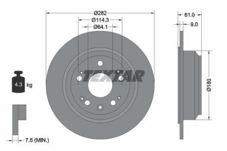 Гальмівний диск задній лівий/правий (без штифта кріплення колеса) HONDA ACCORD VII, ODYSSEY 2.0-2.4 07.02-05.08 TEXTAR 92165803 (фото 1)