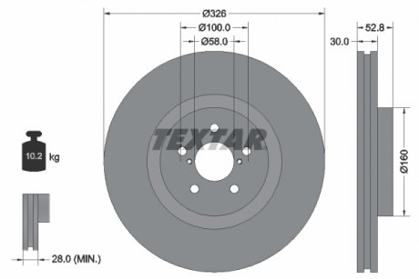 Гальмівний диск передній лівий/правий (без штифта кріплення колеса) SUBARU BRZ, IMPREZA; TOYOTA GT 86 2.0/2.5 12.00- TEXTAR 92167900