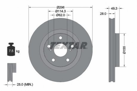 Тормозной диск передний левый/правый (без штифта крепления колеса) LEXUS ES; TOYOTA AURIS, AVALON, CAMRY, MARK X ZIO I, MATRIX, MIRAI, PRIUS PLUS, RAV 4 III, RAV 4 IV 1.8-Electric 11.05- TEXTAR 92168803 (фото 1)