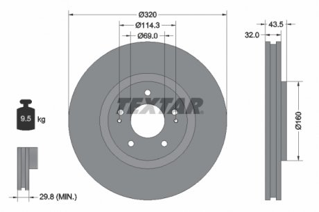 Тормозной диск передний левый/правый (без штифта крепления колеса) MITSUBISHI LANCER VI, LANCER VII 2.0 01.98-09.07 TEXTAR 92169903 (фото 1)