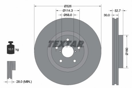 Гальмівний диск передній лівий/правий (без штифта кріплення колеса) SUBARU IMPREZA, WRX 2.0/2.5 11.01- TEXTAR 92194303 (фото 1)