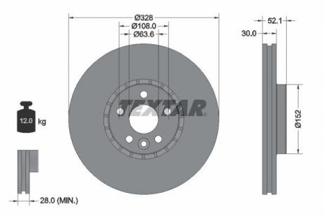 Тормозной диск передний левый/правый (без штифта крепления колеса) VOLVO XC60 I 2.0-3.2 05.08-12.17 TEXTAR 92196303