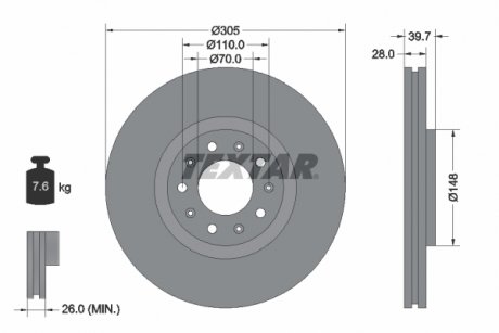 Тормозной диск передний левый/правый ALFA ROMEO 159, BRERA, GIULIETTA, SPIDER; CHRYSLER 200; DODGE DART 1.4-3.2 06.05- TEXTAR 92220803