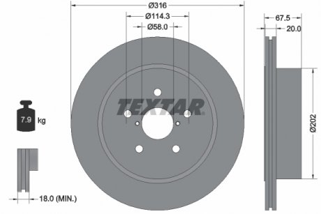 Тормозной диск задний левая/правая (без штифта крепления колеса) SUBARU IMPREZA 2.0/2.5 11.01-12.07 TEXTAR 92227803