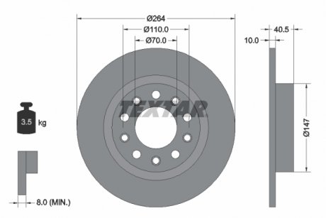 Гальмівний диск задній лівий/правий (без штифта кріплення колеса) ALFA ROMEO GIULIETTA; DODGE DART 1.4-2.4 04.10- TEXTAR 92230203 (фото 1)