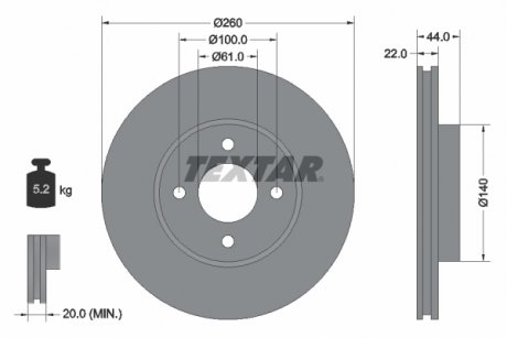 Гальмівний диск передній лівий/правий (без штифта кріплення колеса) NISSAN MICRA IV, NOTE 1.2/1.5D 05.10- TEXTAR 92239903