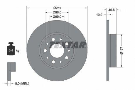 Тормозной диск задний левая/правая (без штифта крепления колеса) FIAT 500L, TIPO 0.9-1.6D 09.12- TEXTAR 92244303