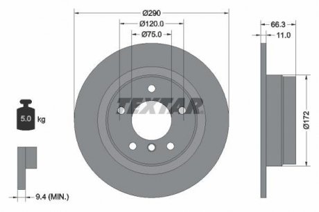 Гальмівний диск задній лівий/правий (без штифта кріплення колеса) BMW 1 (F20), 1 (F21), 2 (F22, F87), 2 (F23) 1.5-2.0D 07.11- TEXTAR 92261003