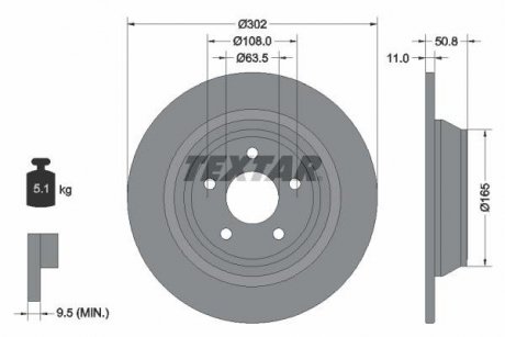 Тормозной диск задний левая/правая (без штифта крепления колеса) FORD MONDEO V; FORD USA FUSION 1.0-2.0H 09.12- TEXTAR 92268703
