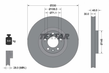 Тормозной диск передний левый/правый (без штифта крепления колеса) DS DS 4 II, DS 7, DS 9; CITROEN C5 X; OPEL ASTRA L; PEUGEOT 3008, 308 II, 308 III, 508 II 1.2-2.0D 06.14- TEXTAR 92283403 (фото 1)
