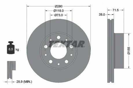 Гальмівний диск передній лівий/правий (без штифта кріплення колеса) CITROEN JUMPER; FIAT DUCATO; OPEL MOVANO C; PEUGEOT BOXER 2.0D-3.0D 09.05- TEXTAR 92286103 (фото 1)