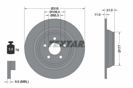Тормозной диск задний левая/правая (без штифта крепления колеса) FORD GALAXY III, S-MAX; FORD USA EDGE 1.5-2.7 01.15- TEXTAR 92291903