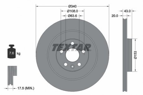 Тормозной диск задний левая/правая (без штифта крепления колеса) VOLVO C40, XC40, XC90 II 2.0-Electric 09.14- TEXTAR 92304503