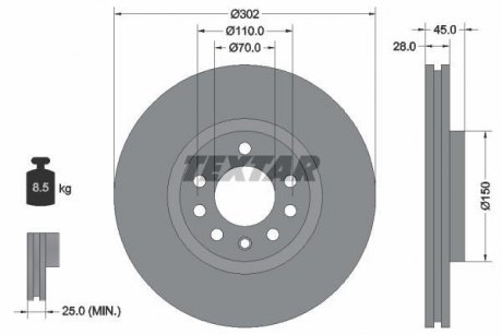 Тормозной диск передний Opel Vectra C 1.8/2.0/2.2 16V, 2.2DTI 16V, 3.0 CDTI 04- TEXTAR 98200 1183 0 1