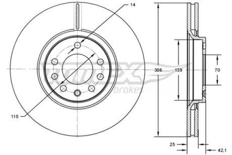 Фото автозапчастини диск гальмівний (передній) Opel Astra G/H/Corsa E/Meriva 00- (308x25) TOMEX TX7203