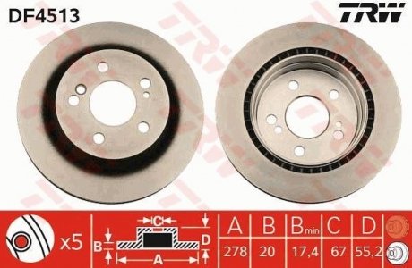Тормозной диск задний левая/правая MERCEDES 124 T-MODEL (S124), C (W203), ET-MODEL (S124), SLK (R171) 1.8-3.2 09.89-02.11 TRW DF4513
