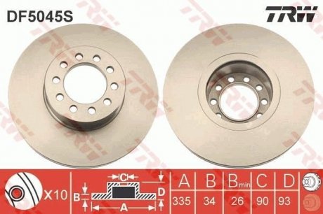 Тормозной диск перед левый/правая (335mmx34mm) MAN L 2000, TGL, TGM, HY, V, VO TRW DF5045S (фото 1)