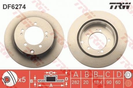 Тормозной диск задний левая/правая MITSUBISHI LANCER V, LANCER VI, LANCER VII, SPACE 2.0/2.4 01.94-03.05 TRW DF6274
