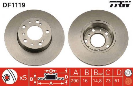 Тормозной диск передняя левая/правая CITROEN C25; FIAT DUCATO; PEUGEOT J5 1.9D/2.0/2.5D 09.81-05.94 TRW DF1119 (фото 1)