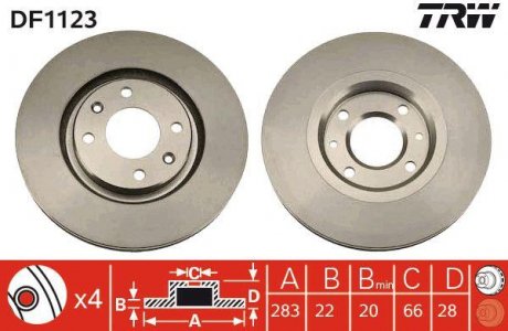 Тормозной диск передняя левая/правая CITROEN XANTIA, XSARA, ZX; PEUGEOT 306, 405 II 1.8-2.0D 08.92-08.05 TRW DF1123 (фото 1)