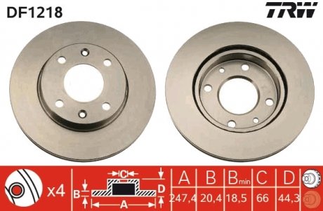 Гальмівний диск передня ліва/права (з гвинтами) CITROEN VISA; PEUGEOT 205 I, 205 II, 407 1.6/1.8/1.9 02.83-07.05 TRW DF1218