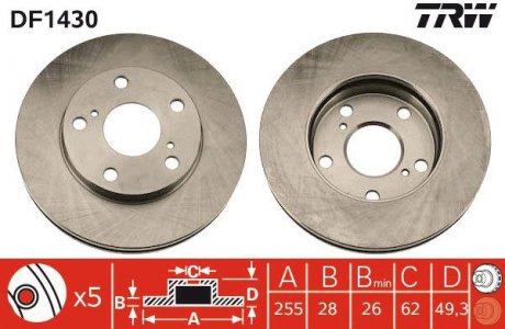Тормозной диск передняя левая/правая TOYOTA CAMRY, PICNIC 2.0/2.2/2.2D 06.91-09.02 TRW DF1430