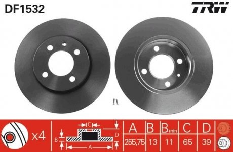 Гальмівний диск передня ліва/права (високовуглецевий) CHERY COWIN, COWIN 3; SEAT INCA, TOLEDO I; Volkswagen CADDY II, CADDY II/MINIVAN, GOLF III, GOLF IV, PASSAT B3/B4, VENTO 1.3-2.0 02.88-12.12 TRW DF1532