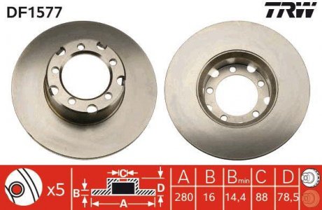 Гальмівний диск передня ліва/права MERCEDES T1 (601), T1 (601, 611), T1 (602), T1/TN, T2/L, T2/LN1 2.2-5.7D 01.68-02.96 TRW DF1577