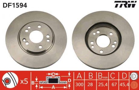 Гальмівний диск передня ліва/права MERCEDES 124 (W124), 190 (W201), E (W124), SL (R129) 2.5-6.0 03.89-10.01 TRW DF1594 (фото 1)