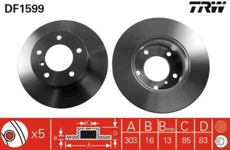 Тормозной диск передняя левая/правая MERCEDES G (W460), G (W461), G (W463) 2.3-5.0 03.79- TRW DF1599 (фото 1)