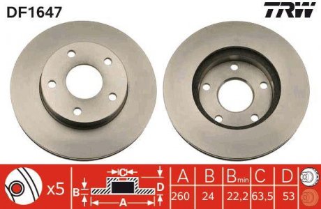 Тормозной диск передняя левая/правая FORD SCORPIO I 2.0-2.9 12.85-12.94 TRW DF1647 (фото 1)