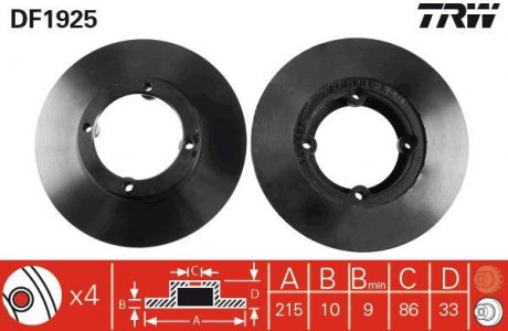 Тормозной диск передняя левая/правая DAEWOO TICO; SUZUKI ALTO I, ALTO II, ALTO III, ALTO IV, CARRY, SUPER CARRY, SWIFT I 0.8/1.0/1.3 11.80-12.00 TRW DF1925 (фото 1)