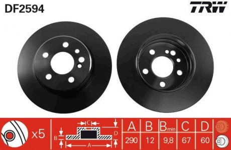 Тормозной диск задний левая/правая MERCEDES S (W140) 2.8-3.4D 03.91-10.98 TRW DF2594