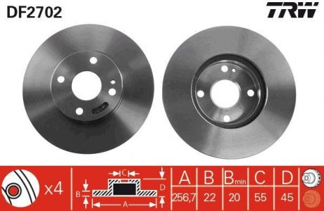 Тормозной диск передняя левая/правая FORD USA ESCORT; MAZDA 323 IV, 323 CV, 323 IV, 323 IV, 323 VI, 323 PV, 323 IV, 323 SV, 323 IV, 929 IV, MX-3, MX-5 I, MX-5 II 1.6 -3.0 06.89- TRW DF2702 (фото 1)