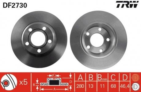 Гальмівний диск передня ліва/права (високовуглецевий) AUDI A4 B5 1.6/1.9D 11.94-09.01 TRW DF2730