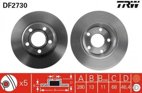 Фото автозапчасти тормозной диск передняя левая/правая (высокоуглеродистая) AUDI A4 B5 1.6/1.9D 11.94-09.01 TRW DF2730