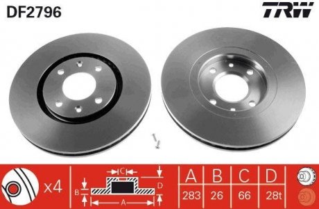 Гальмівний диск передня ліва/права CITROEN XANTIA; PEUGEOT 406 1.9D-3.0 06.95-12.04 TRW DF2796