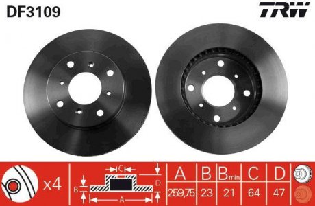 Тормозной диск передняя левая/правая HONDA ACCORD VI, PRELUDE IV, PRELUDE V 1.6-3.0 02.92-06.03 TRW DF3109
